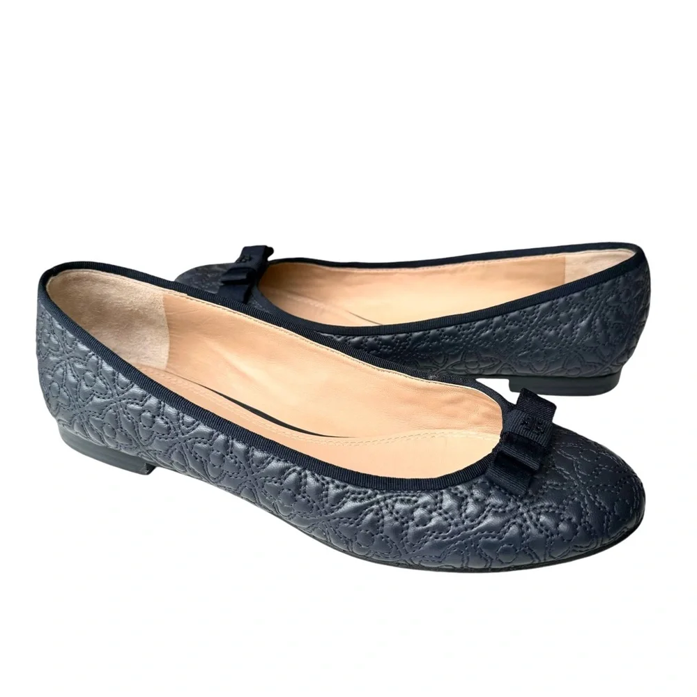 Tory Burch Marion Quilted Navy Blue Flats Leather Bow Detail